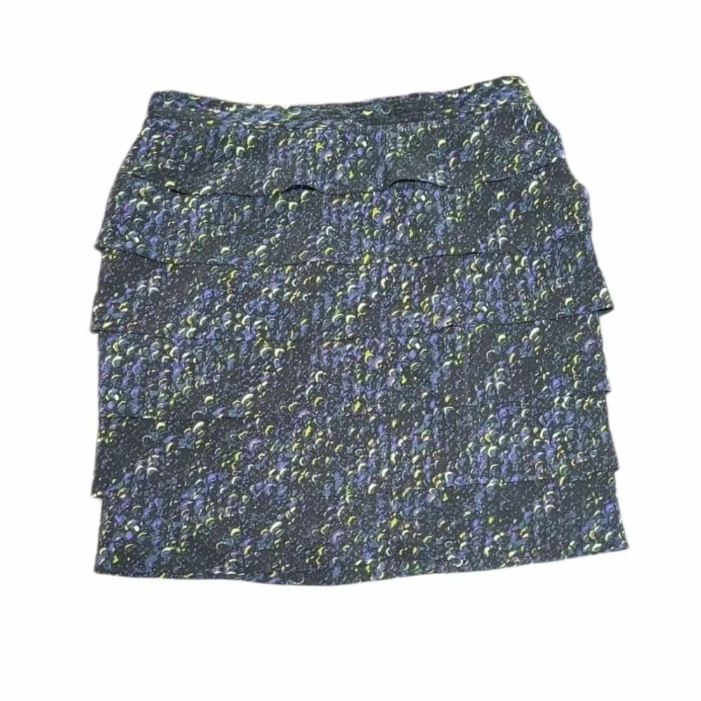 Tory Burch Silk Tiered‎ Ruffle Mini Skirt Abstract Print Purple Yellow Size 8